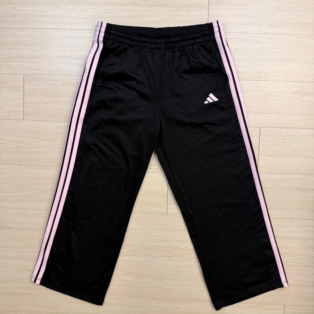 Adidas Pink Striped Black Wide Leg Track Pants Womens Size Large Gym Casual